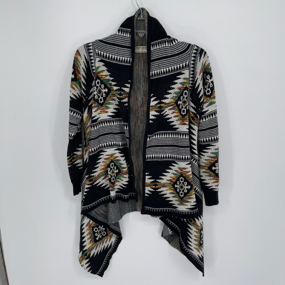 Ruff Hewn Women's Black Southwestern‎ Aztec Open Front Cardigan Sweater Size S